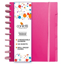 Confetti Discbound Notebook - Smart Wide Ruled Disc Planner with 4 Binder Dividers - Spill Proof Cover, Customizable Notepad with Removable Pages for School or Work - 120 sheets - Pink