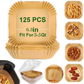 Forros de Papel para Freidora, 125 Forros Desechables para Freidora 6.3 Pulgadas, Antiadherentes y a Prueba de Aceite, Forros Cuadrados de Papel para Freidora para 3-5 QT Hornear Asar Microondas