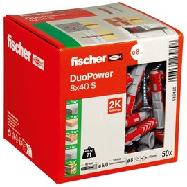 Fischer DuoPower 8 x 40 S, Powerful Universal Plug with Safety Screw, Intelligent 2-Component Technology for fastenings in Concrete, Bricks, Stone, Gypsum plasterboard, etc., 50 Plugs & 50 Screws