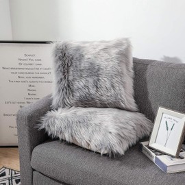 Pack of 2 Decorative Cushion Covers Grey 60x60CM Decorative Cushion Sheepskin Lambskin Faux Fur Long Hair Sofa Cushion Cuddly Cushion