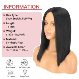 Xtrend Black Bob Wigs for Black Women Short Straight Wigs for White Women Synthetic Middle T Part Lace Wigs for Daily Party Use (14 Inch, Black Color)