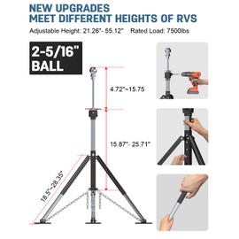 New Upgraded RV Gooseneck Camper 5th Wheel Tripod Stabilizer Jack [Extended Allow Drill Adjust], Adjustable 21.26"-55.12" Fifth Wheel Tripod Stabilizer King Pin with 7500 lb Load Capacity, 2-5/16"Ball