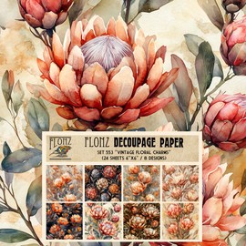 Decoupage Paper Pack (24 Sheets 6"x6") Vintage Floral Charms: Softly Toned Protea Arrangements for Classic and Rustic Decor Projects # Vintage Styled Paper for Craft and Scrapbooking