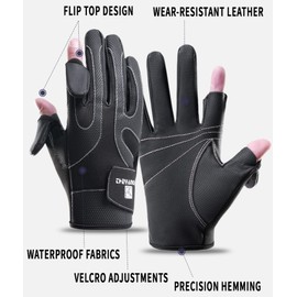 Bakovity Leather Fishing Gloves for Men and Women 2 Cut Fingers Flexible Great for Photography Fly Fishing Ice Fishing Running Touchscreen Texting Cycling Walking (Black-L)