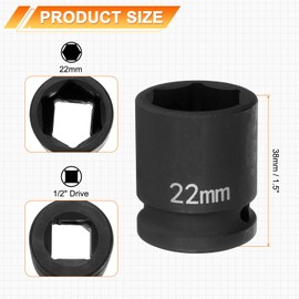 HARFINGTON 5pcs 6 Point Impact Socket 22mm Metric Socket 1/2" Square Drive 1.5" (38mm) Long Phosphated Cr-Mo Steel Spindle Axle Hex Nut Sockets, Black