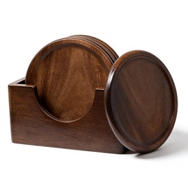 Coasters Set of 6, Wood Coasters for Drinks with Holder, Coaster for Tabletop Protection, Cup Mat for Hot or Cold Drinks, Non-Slip, Coffee Table Decor Ideal for Home Decor House (Black Walnut)