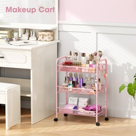 TOOLF 3 Tier Rolling Utility Cart - Durable Metal Design Pink Utility Cart, Storage Trolley on Wheels with 3 Hooks, Perfect for Kitchen, Bathroom & Laundry Room Organization