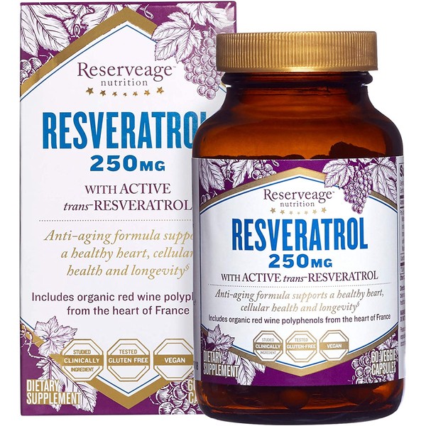 Reserveage, Resveratrol 250 mg, Antioxidant Supplement for Heart and Cellular Health, Supports Healthy Aging, Paleo, Keto, 60 capsules (60 servings)