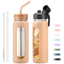NOLOGLAZIC 24oz Glass Water Bottle with Straw and 2 Lids-Bamboo and Spout Lid, Borosilicate Glass Water Bottle with Silicone Sleeve and Time Marker,BPA Free & Cupholder Friendly,Amber