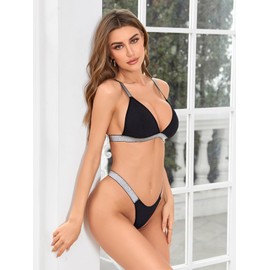 WDIRARA - Tanga triangular con purpurina en contraste para mujer, 2 piezas, traje de baño sin espalda, Negro -, M