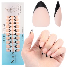 240PCS French Tip Press on Nails, INENK 3 in-1 French Gel Nail Tips-15SIZE Black-Natural White Short Almond Pre-applied with a Tip Primer and Base Coat, NO-Need for Filing Fake Nails at Home DIY