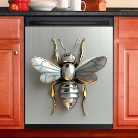 Cute Metal Bee Magnetic Vinyl Sticker Dishwasher Cover | 23" x 26" | Farmhouse Stainless Steel Bee Pattern Kitchen Decor Dishwasher Magnet Cover,Easy to Wipe Clean,Easily Trimmable