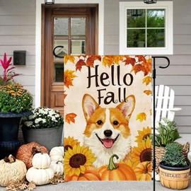 DLZDN Hello Fall Dog Garden Flag Corgi Pumpkins Sunflower Flag 12×18 Inch Double Side Vertical Burlap Farmhouse Yard Sign Autumn Seasonal Outdoor House Decoration