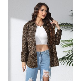 Kedera Women's Leopard Printed Denim Jacket Fall Fashion Jean Jackets Button Up Western Trucker Shacket Coat Outfit
