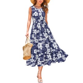 STYLEWORD Women's 2025 Summer Sleeveless Crewneck Maxi Sundress Casual Tiered Flowy Boho Long Beach Dress Vacation Outfits(Purple White Floral,L)
