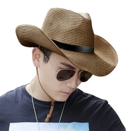 Folove Western Hat, Men's, Sun Shade, Straw Hat, Summer, Fishing, Golf, Wide Brim Straw Hat, Ten Gallon Hat, Belt, Foldable, Cowboy Hat, Stylish, Outdoor, Farming, Travel, Folding Hat, 22.0 - 22.8