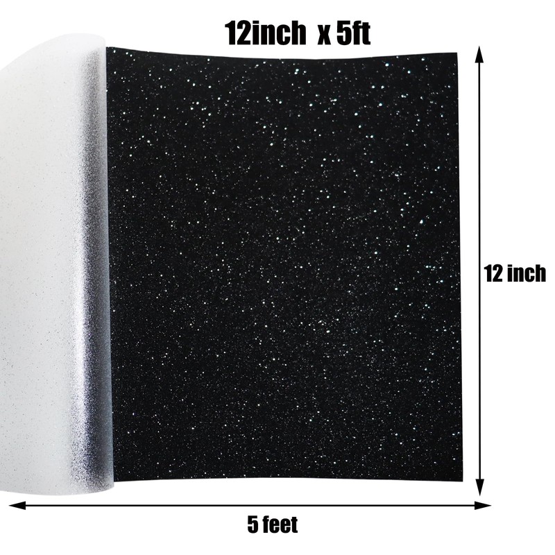 Glitter Heat Transfer Vinyl 12" x 5ft Black Glitter Iron