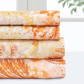 Modern Style 3 Piece Solid Luxury Printed Deep Pocket Sheets Set Twin Size Fully Elasticized Fitted Sheet | All Seasons Aesthetic Bedding Peach Orange Color Cozy Comfy Feel Hotel Farmhouse Look