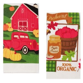 A&T Designs Set of 2 Orchard Red Pickup Truck Kitchen Hand Dish Towels - (Fall, Thanksgiving - Classic Farmhouse Farm Rustic)