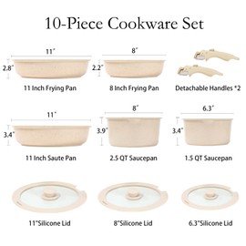 ESLITE LIFE Nonstick Cookware Sets with Detachable Handle,Ceramic Coating Pots and Pans Set Kitchen Cooking Set, Compatible with All Stovetops, PTFE & PFOA Free, White, 10 Pcs Set