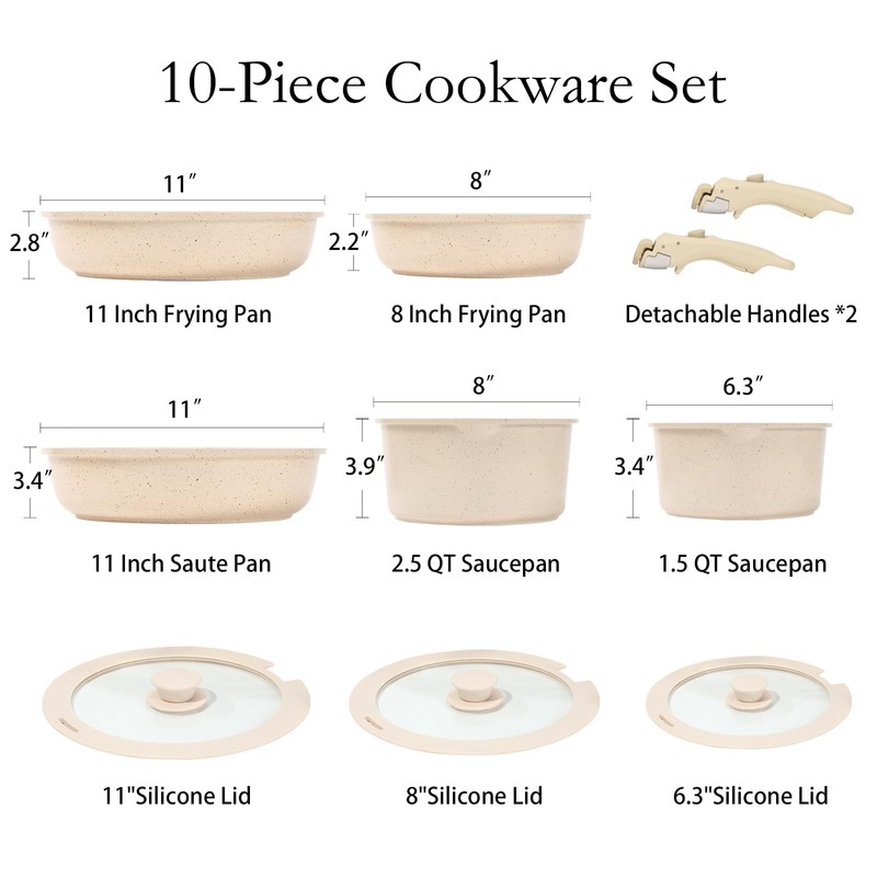 ESLITE LIFE Nonstick Cookware Sets with Detachable Handle,Ceramic Coating Pots