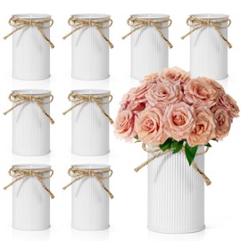 8 Pcs 4.33 Inch High White Rustic Metal Vases Vintage Flower Vase with Twine Bow for Table Centerpiece Bulk Centerpieces for Weddings Home Decoration Cylinder Iron Farmhouse Bucket for Home Decor