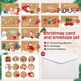 Christmas Cards with Envelope Set, 24 Pieces Christmas Cards Set, Folding Cards Christmas Postcards, A6 Christmas Cards Small Christmas Cards Mini, Funny Christmas Cards for Family Friends