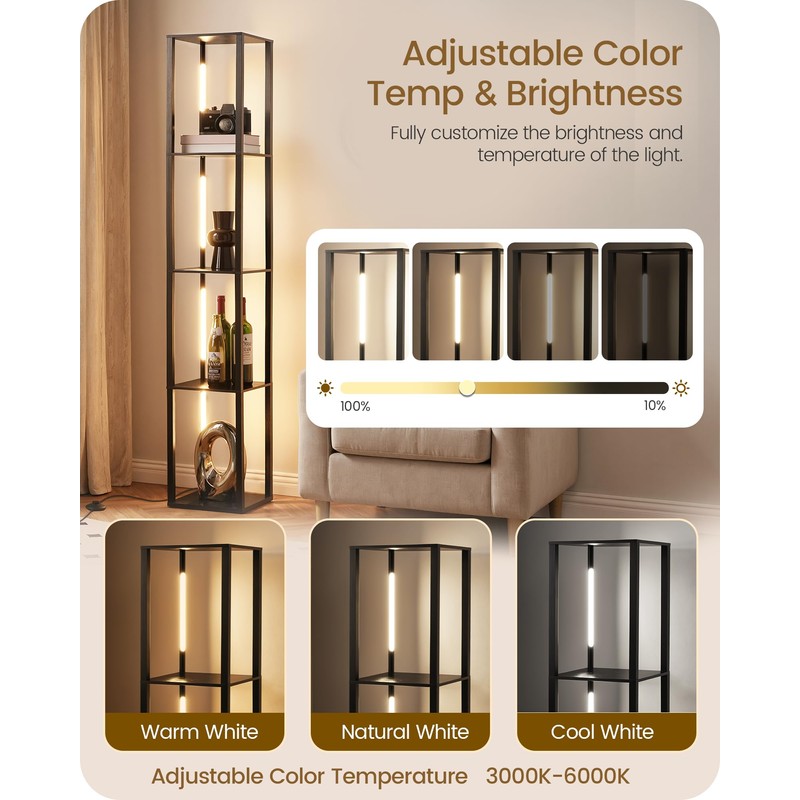 GOEBLESON 64.2" Display Shelf with Light, Modern Corner Floor Lampe