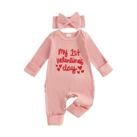 Geagodelia Newborn Infant Girl Romper Baby Girls Ribbed Cotton One Piece Outfit Long Sleeve Letter Print Cute Jumpsuit Headband Set (Pink Valentines, Newborn)