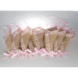 Handmade 12 pcs/set Burlap Cone Decoration with Light Pink Lace, Rustic Country Wedding