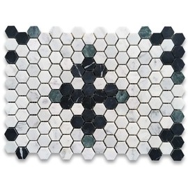 Stone Center Online Carrara White Marble 1 inch Hexagon Starlight Mosaic Tile w/Nero Marquina Black Indian Green Honed Kitchen Bath Wall Floor Backsplash Shower (1 Sheet)