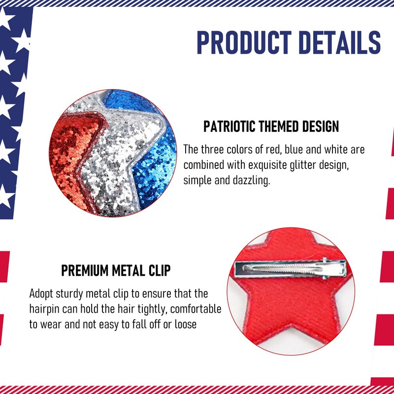 7 Pcs 4th of July Hair Clips Glitter Red White