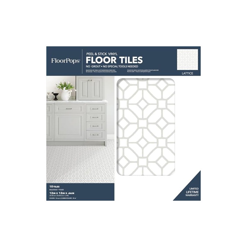 FloorPops FP2946 Lattice Peel Stick Floor Tiles, White & Off-White