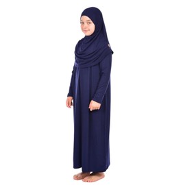 Prien Kids Prayer Dress Muslim Clothes for Girls Long Sleeve Abaya with Hijab Two Piece Maxi Islamic Set Scarf Kaftan Jilbab (Navy Blue)
