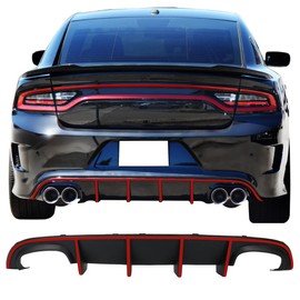 IKON MOTORSPORTS Bumper Lip Spoiler Compatible with 2015-2023 Dodge Charger SRT, Quad Exhaust Rear Diffuser with Red Reflective Tape