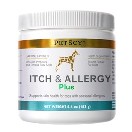 PetScy Itch & Allergy Plus Chews for Dogs Itchy Skin, Ears & Paws | Probiotics, Moringa & Turmeric | Dog Allergy Relief for Skin Redness, Hair Loss Gut & Digestive Health - Bacon Flavor - 60 Chews