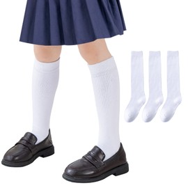 Girls Knee High Socks Kids School Uniform Socks 3 Pairs Seamless Cotton Tube Socks Unisex Child Boys Girls Soccer Socks (White, 10-14 Years)
