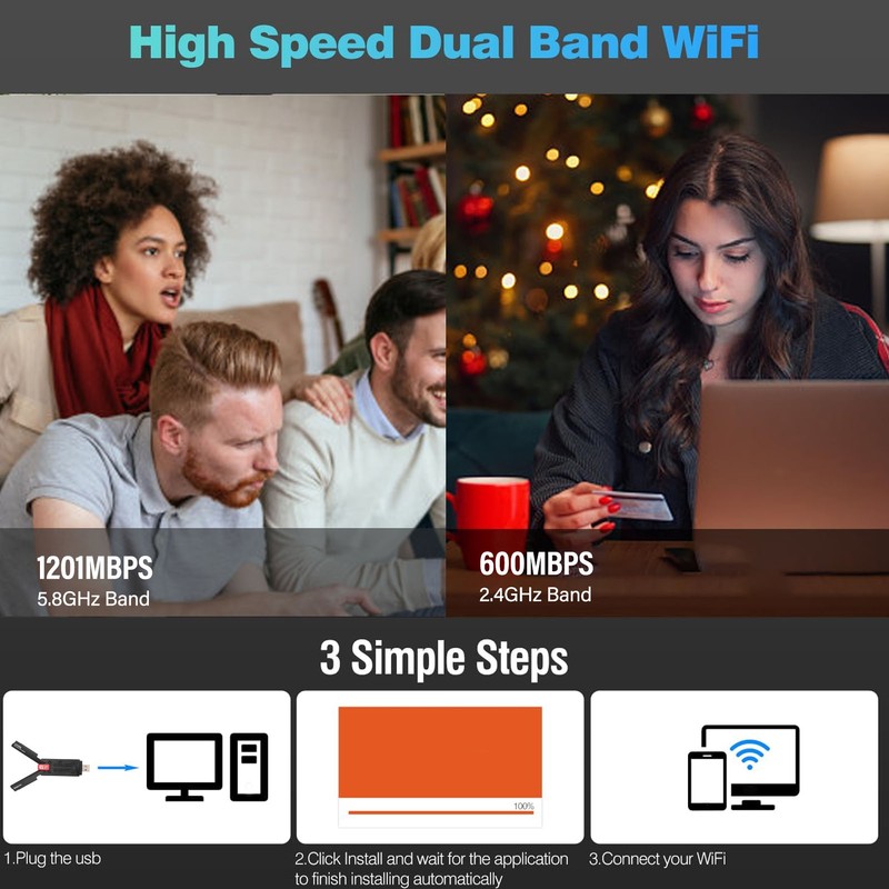 AX1800 WiFi 6 USB Adapter 5dBi Dual Antennas 2.4GHz 5GHz