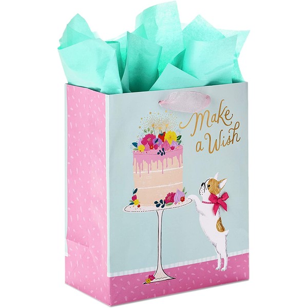Hallmark 9" Medium Birthday Gift Bag with Tissue Paper ("Make a Wish" Cake and Pug Puppy)