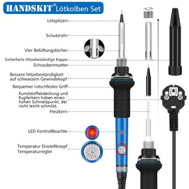 HANDSKIT Soldering Iron Set, 8-in-1 Soldering Set, 60 W Soldering Station with Temperature Adjustable 220 °C - 450 °C, 5 Soldering Tips, Desoldering Pump, Soldering Wire, Tweezers, Soldering Iron