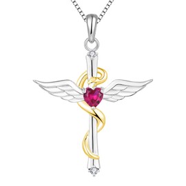 STARCHENIE Angel Wings Cross Necklace 925 Sterling Silver 18K Gold Plated Snake Pendant Heart Birthstone Jewelry for Women July Ruby
