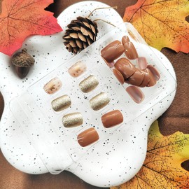 Thanksgiving Nails Short Press on Nails Coffee Brown Short Square Fake Nails Deciduous Maple Leaf Design Acrylic Nails Press ons Gold Glitter Glue on Nails Gold Stick on Nails for Women 24 Pcs