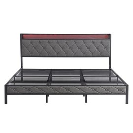 Twin/Full/Queen/King Bed Frame with Storage Headboard, Charging Station and LED Lights, Upholstered Platform Bed with Heavy Metal Slats, No Box Spring Needed, Noise Free, Easy Assembly, Dark Gray - mattress & bed frame size: Full