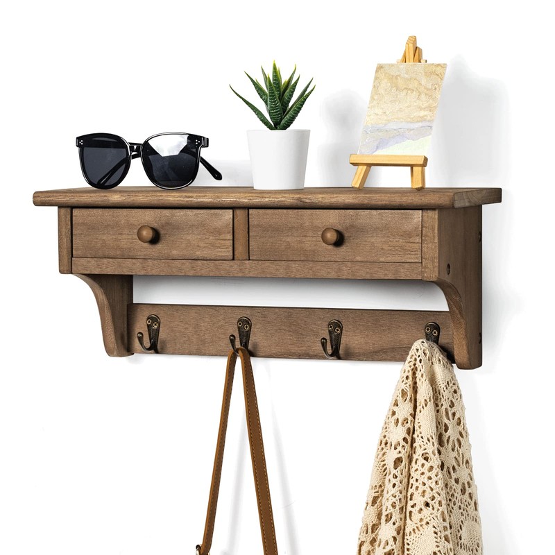 Emfogo Coat Hooks Mounted, Rustic Wood Coat Rack Mount Shelf