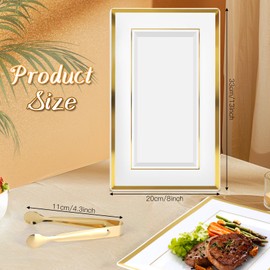 20 Pcs Plastic Serving Tray with 20 Pcs Mini Stainless Serving Tongs White Gold Rim Serving Platter, Versatile Wedding Food Tray for Appetizers, Cookies, Dessert, Fruit