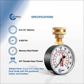 CARBO INSTRUMENTS CARBO Instruments 2-1/2" Pressure Gauge,Water Pressure Test Gauge, 3/4" Female Hose Thread, 0-200 PSI with Red Pointer
