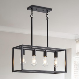Lanhall Dining Room Light Fixture 4 Light Black Farmhouse Chandelier Modern Kitchen Island Pendant Lighting Rectangular Hanging Lights for Kitchen Dining Room Adjustable Height Metal E26 Base