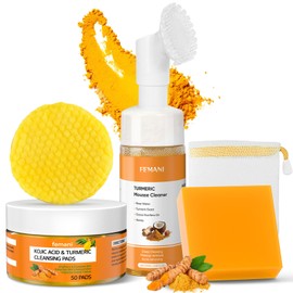 Turmeric Cleansing Pads 50 Pcs+Tumeric Soap Bar+Tumeric Face Wash with Brush, Turmeric Pads for Face and Body,Lemon Turmeric Soap for Wash, Daily Gentle Skin Cleanser Set for All Skins
