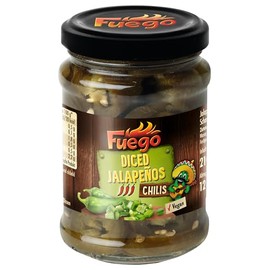 Fuego - Diced Jalapeños | Green Pepper Pods in Cubes | Spicy Topping for TexMex Kitchen | 125 g (Drip Weight) in Glass