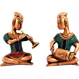 Purpledip Brass Statue Set: Folk Musician Figurines with Gemstones; Comtemporary Decor Gift Souvenir (11192)